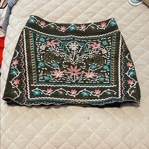 Embroidered Floral Skirt - olive and Pink